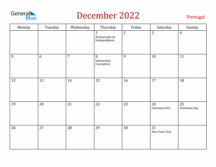 Portugal December 2022 Calendar - Monday Start