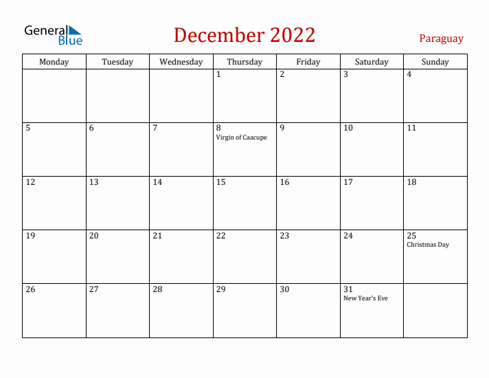 Paraguay December 2022 Calendar - Monday Start