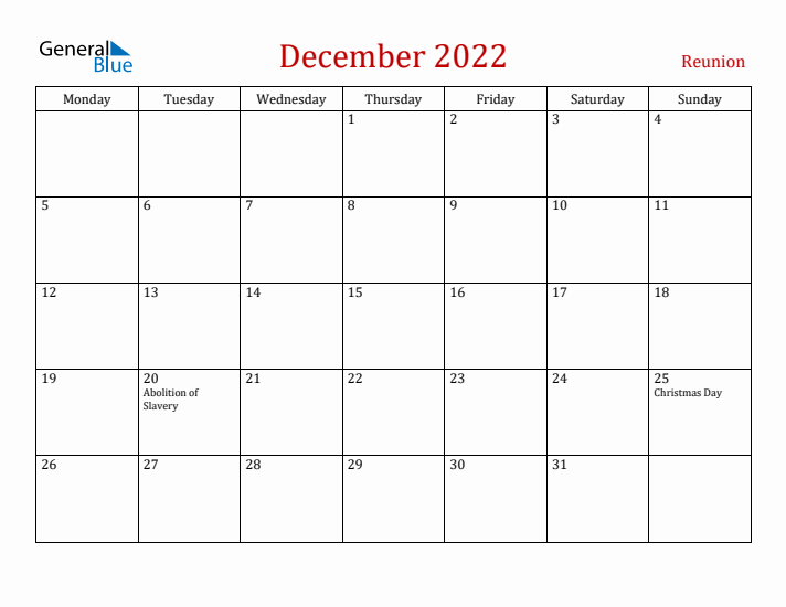 Reunion December 2022 Calendar - Monday Start