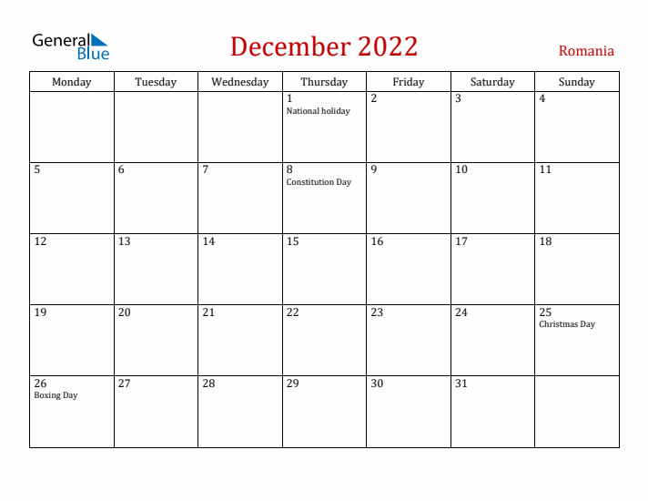 Romania December 2022 Calendar - Monday Start
