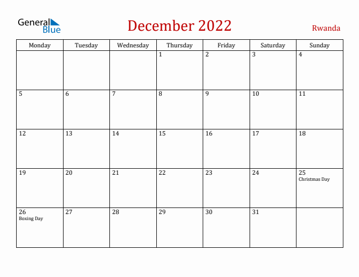 Rwanda December 2022 Calendar - Monday Start