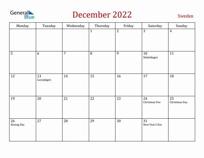 Sweden December 2022 Calendar - Monday Start