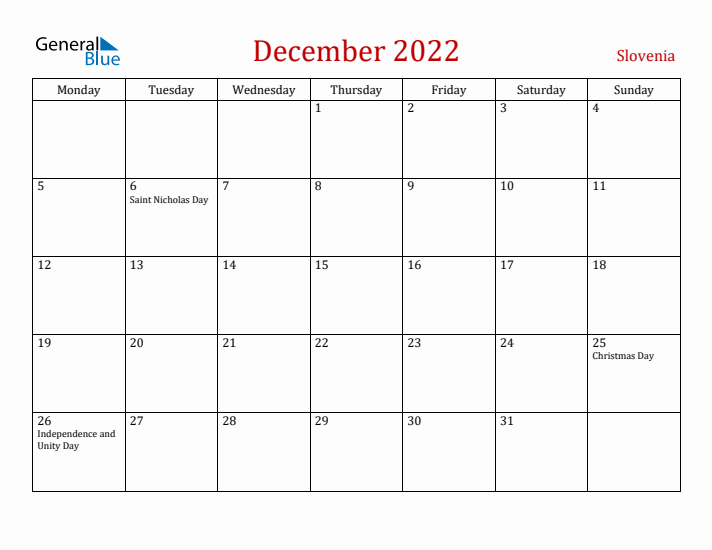 Slovenia December 2022 Calendar - Monday Start