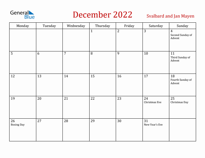 Svalbard and Jan Mayen December 2022 Calendar - Monday Start