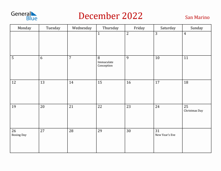 San Marino December 2022 Calendar - Monday Start