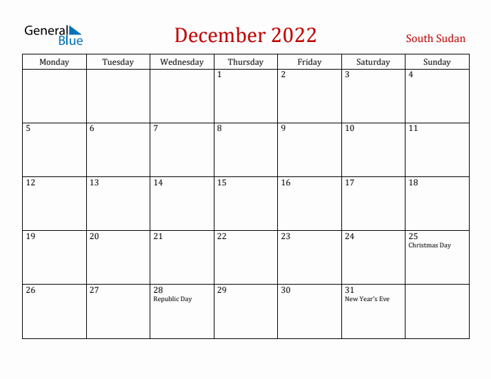 South Sudan December 2022 Calendar - Monday Start