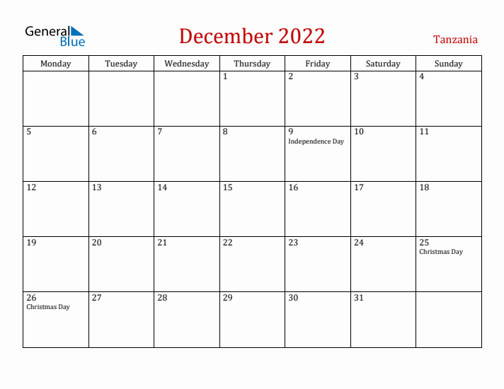 Tanzania December 2022 Calendar - Monday Start