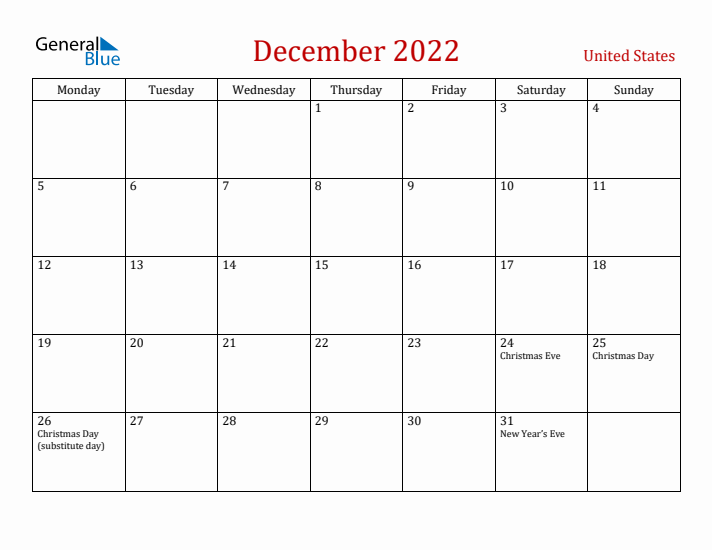 United States December 2022 Calendar - Monday Start