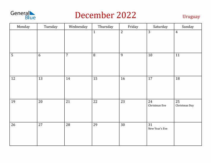 Uruguay December 2022 Calendar - Monday Start