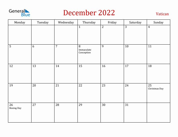 Vatican December 2022 Calendar - Monday Start