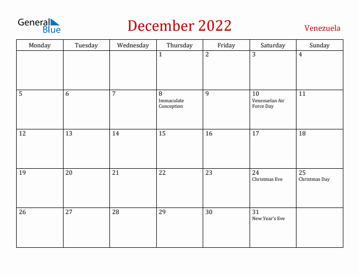 Venezuela December 2022 Calendar - Monday Start
