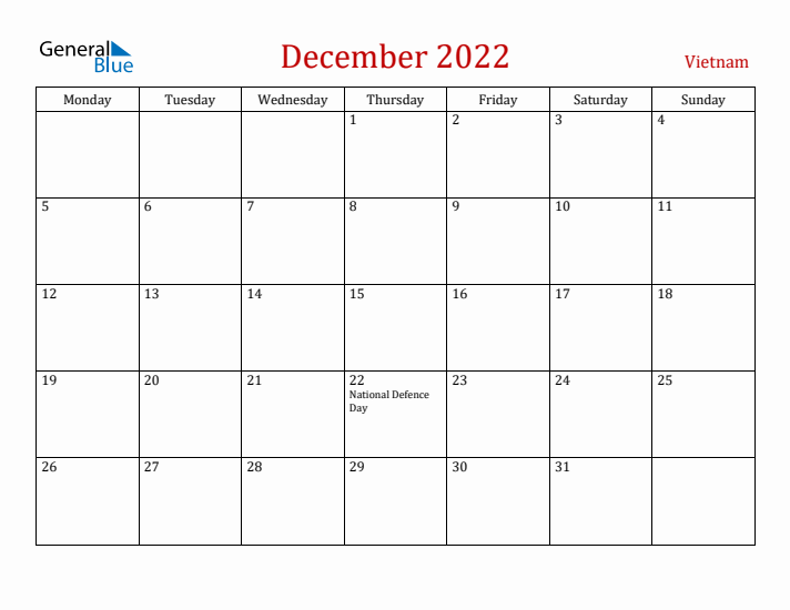 Vietnam December 2022 Calendar - Monday Start