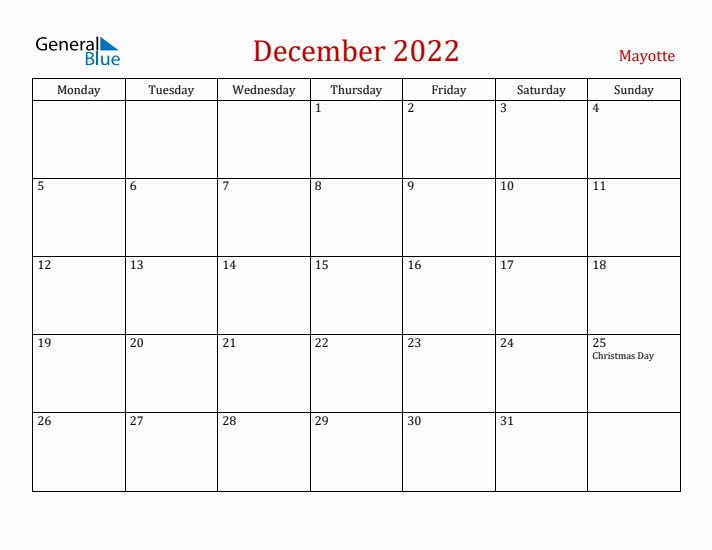 Mayotte December 2022 Calendar - Monday Start