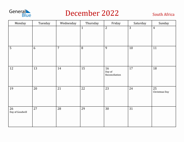 South Africa December 2022 Calendar - Monday Start
