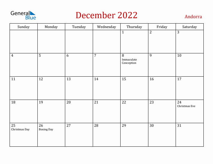 Andorra December 2022 Calendar - Sunday Start