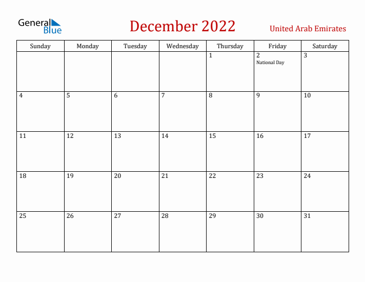 United Arab Emirates December 2022 Calendar - Sunday Start