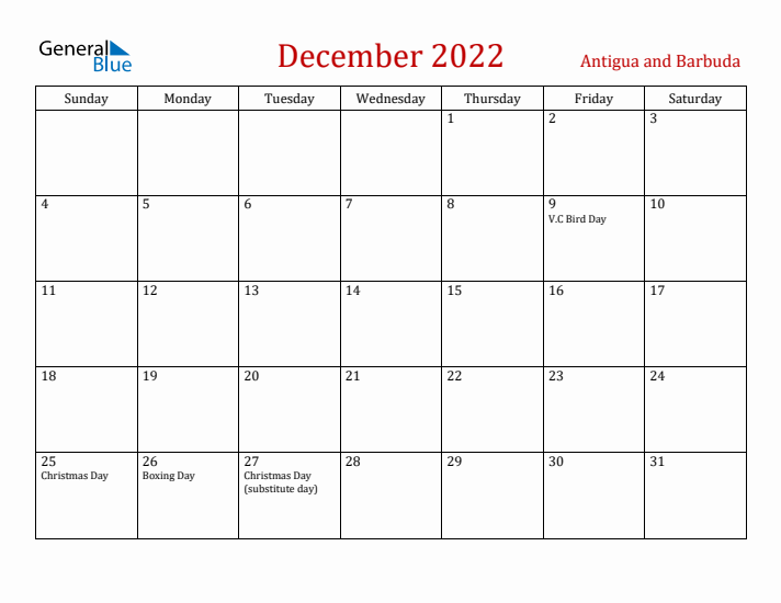 Antigua and Barbuda December 2022 Calendar - Sunday Start