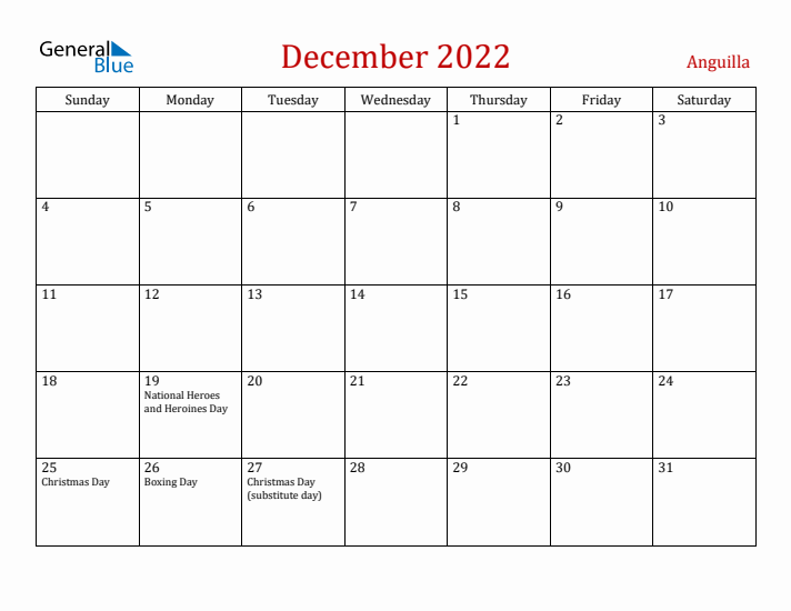 Anguilla December 2022 Calendar - Sunday Start