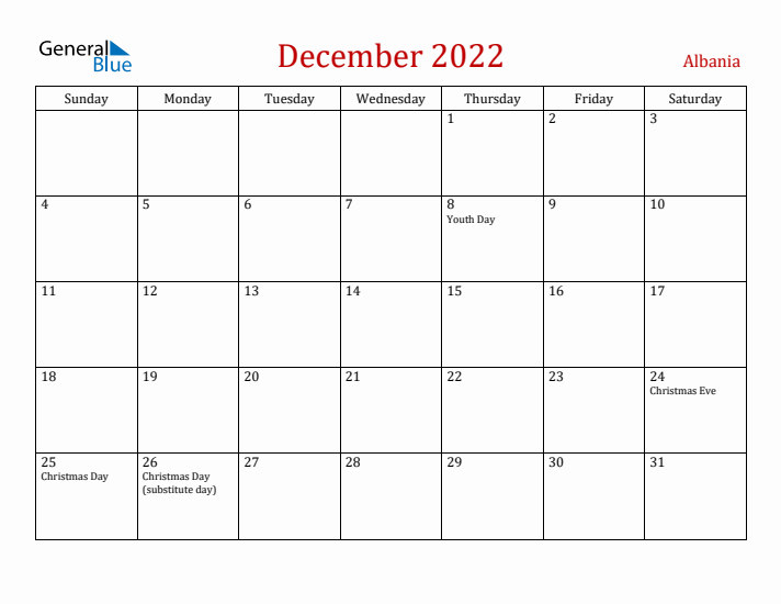 Albania December 2022 Calendar - Sunday Start