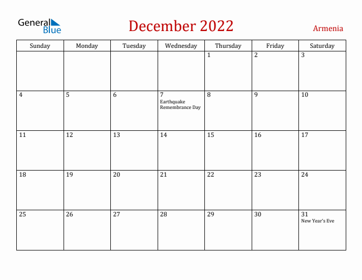 Armenia December 2022 Calendar - Sunday Start