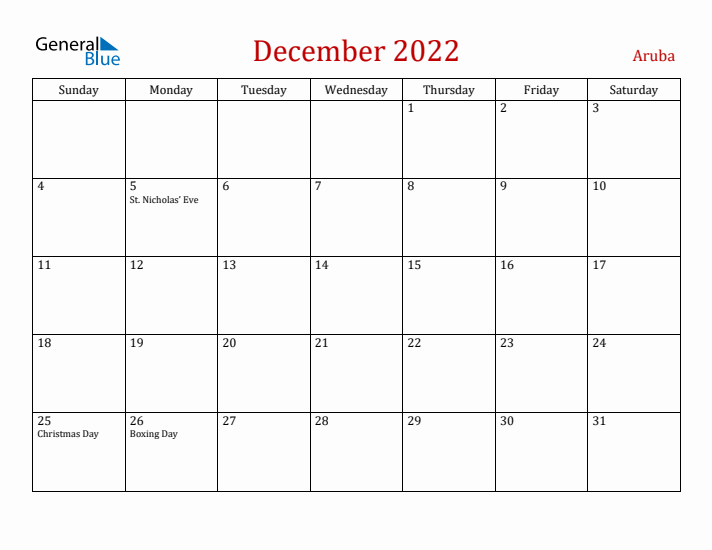 Aruba December 2022 Calendar - Sunday Start
