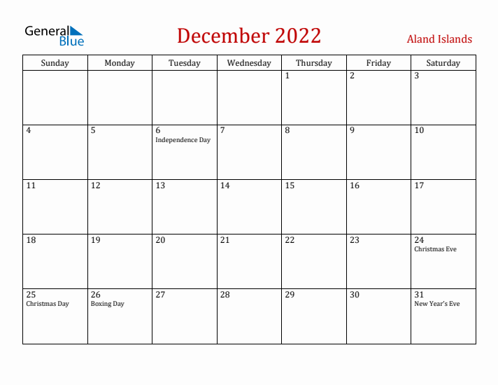 Aland Islands December 2022 Calendar - Sunday Start