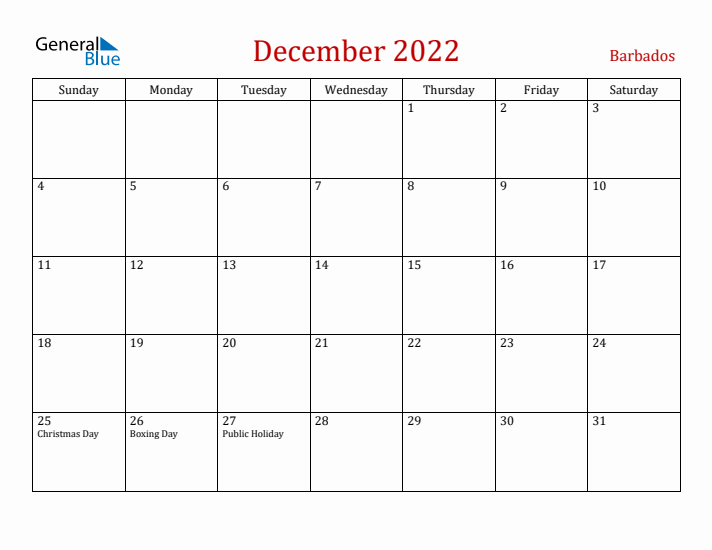 Barbados December 2022 Calendar - Sunday Start