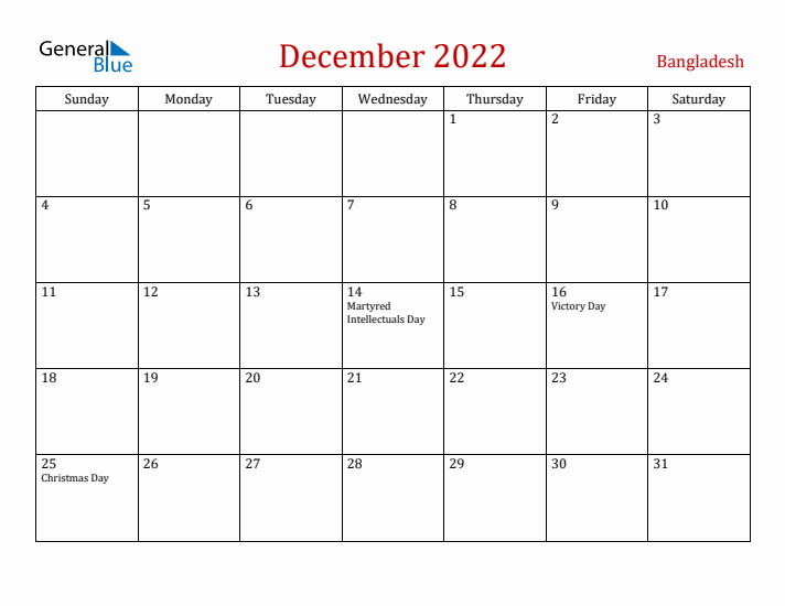 Bangladesh December 2022 Calendar - Sunday Start