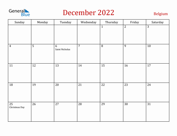 Belgium December 2022 Calendar - Sunday Start