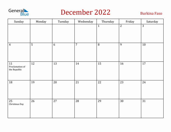 Burkina Faso December 2022 Calendar - Sunday Start