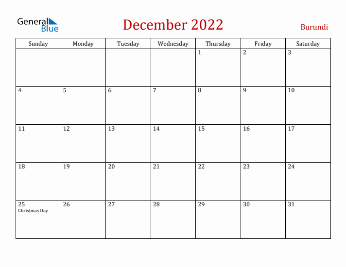 Burundi December 2022 Calendar - Sunday Start