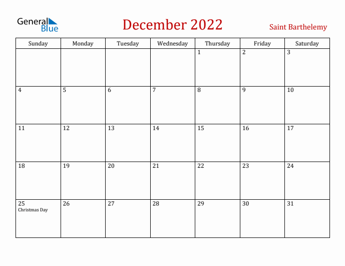 Saint Barthelemy December 2022 Calendar - Sunday Start