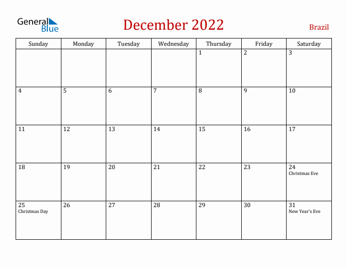 Brazil December 2022 Calendar - Sunday Start