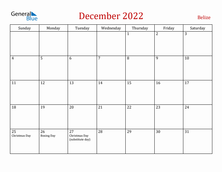 Belize December 2022 Calendar - Sunday Start