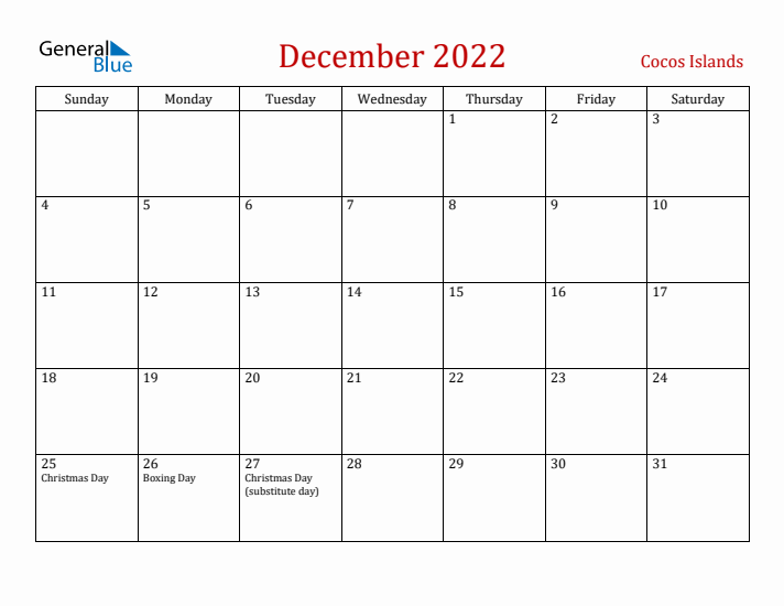 Cocos Islands December 2022 Calendar - Sunday Start