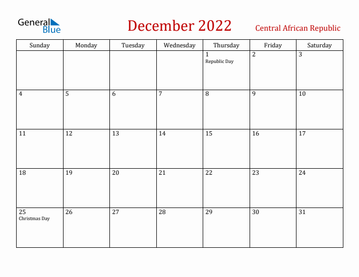 Central African Republic December 2022 Calendar - Sunday Start