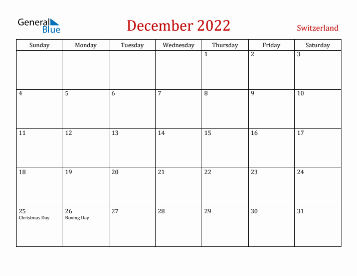 Switzerland December 2022 Calendar - Sunday Start