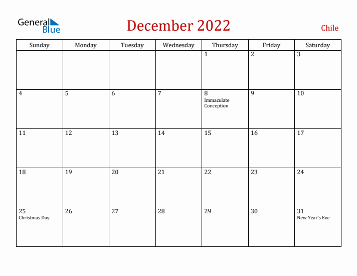 Chile December 2022 Calendar - Sunday Start