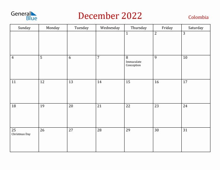 Colombia December 2022 Calendar - Sunday Start