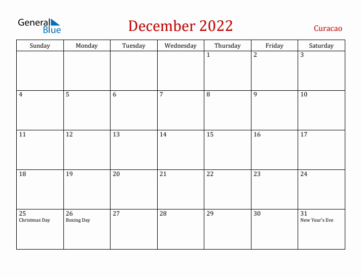 Curacao December 2022 Calendar - Sunday Start