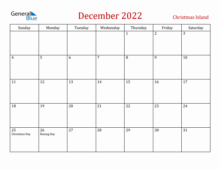 Christmas Island December 2022 Calendar - Sunday Start