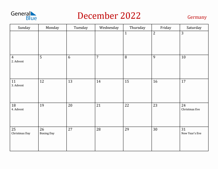Germany December 2022 Calendar - Sunday Start