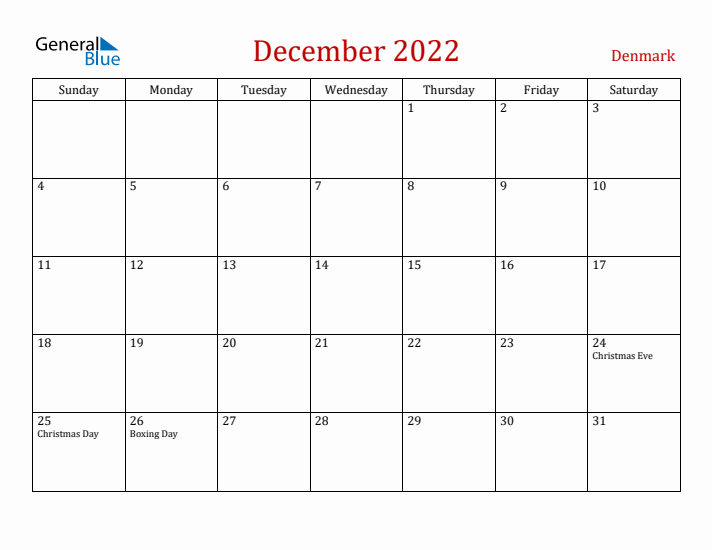 Denmark December 2022 Calendar - Sunday Start