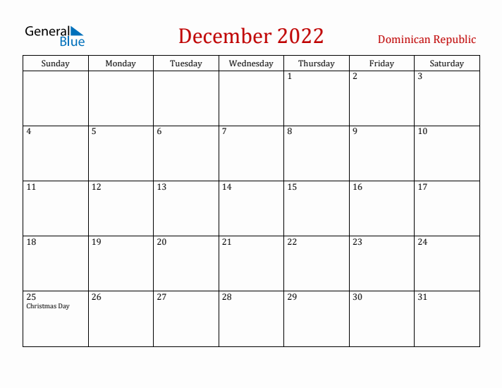 Dominican Republic December 2022 Calendar - Sunday Start