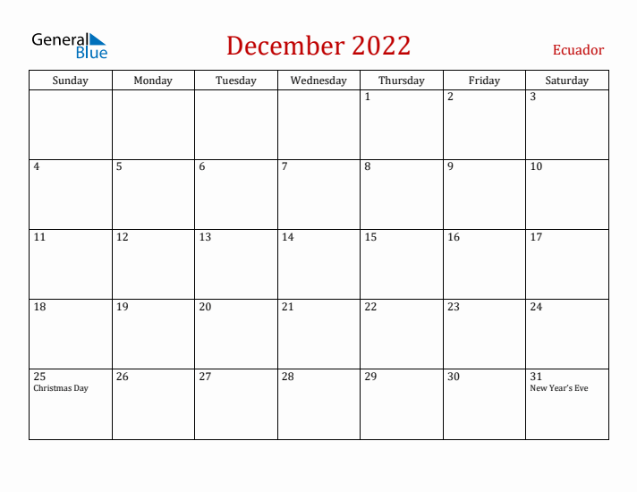 Ecuador December 2022 Calendar - Sunday Start