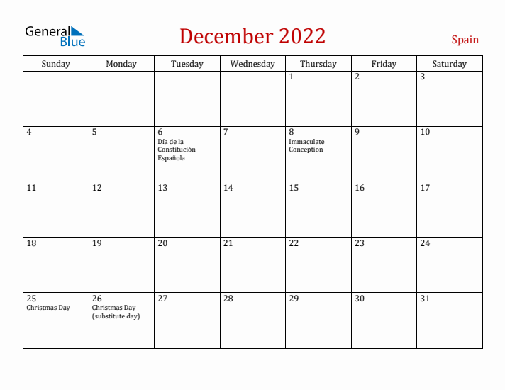 Spain December 2022 Calendar - Sunday Start