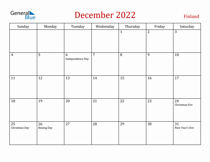 Finland December 2022 Calendar - Sunday Start