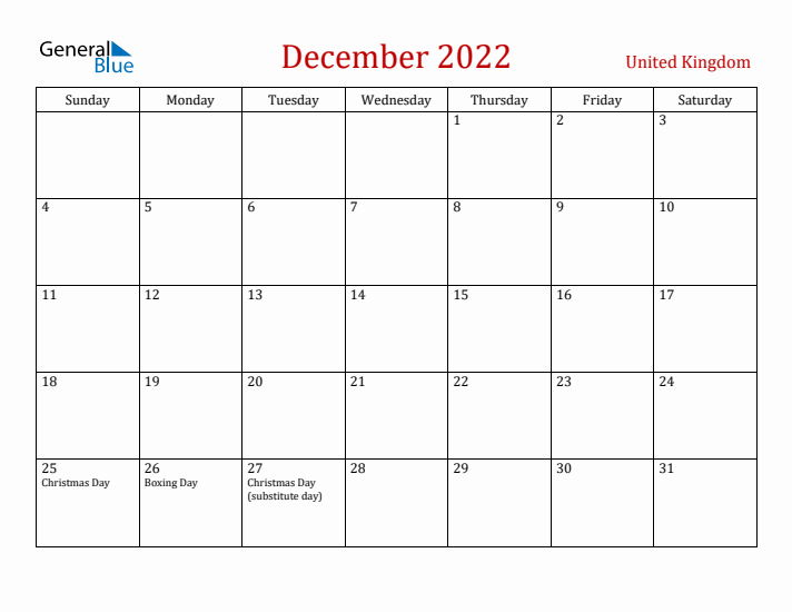 United Kingdom December 2022 Calendar - Sunday Start