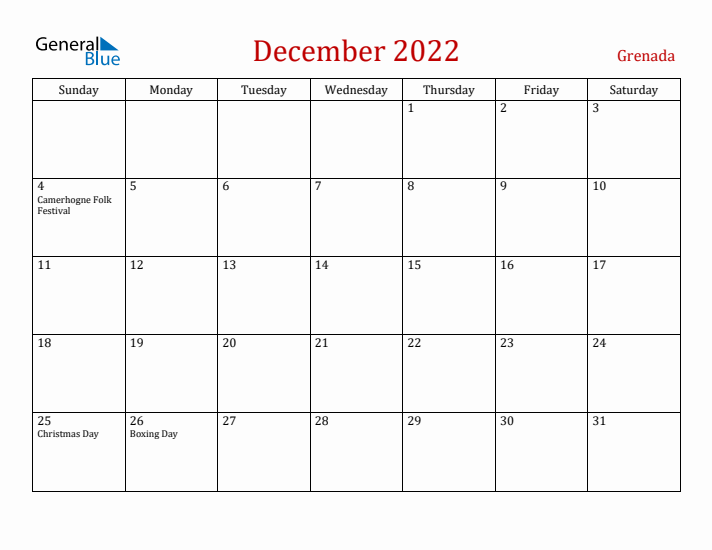 Grenada December 2022 Calendar - Sunday Start