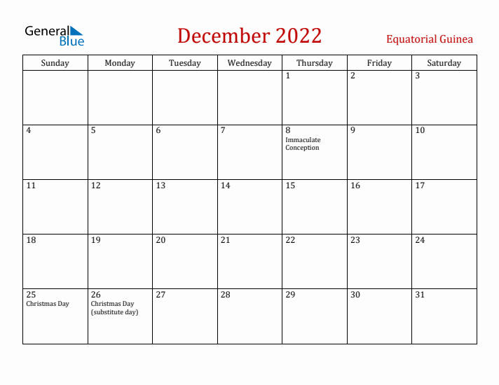 Equatorial Guinea December 2022 Calendar - Sunday Start